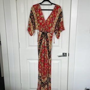 SPELL Patterned Maxi Dress Slit Tie Back